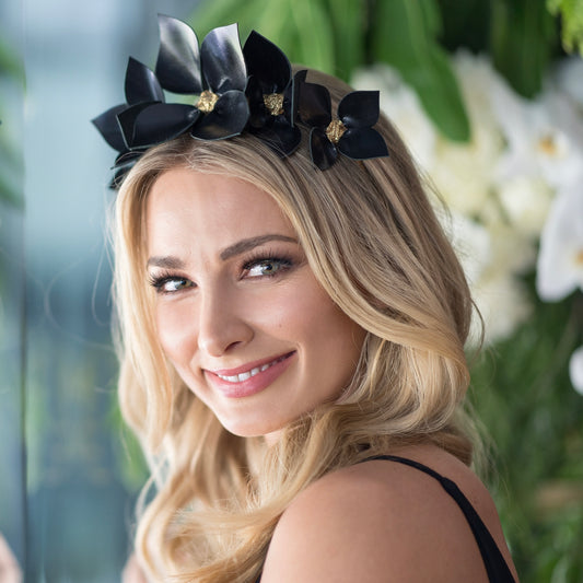 Queen Of Scots Black Floral leather - Headband *MADE TO ORDER*