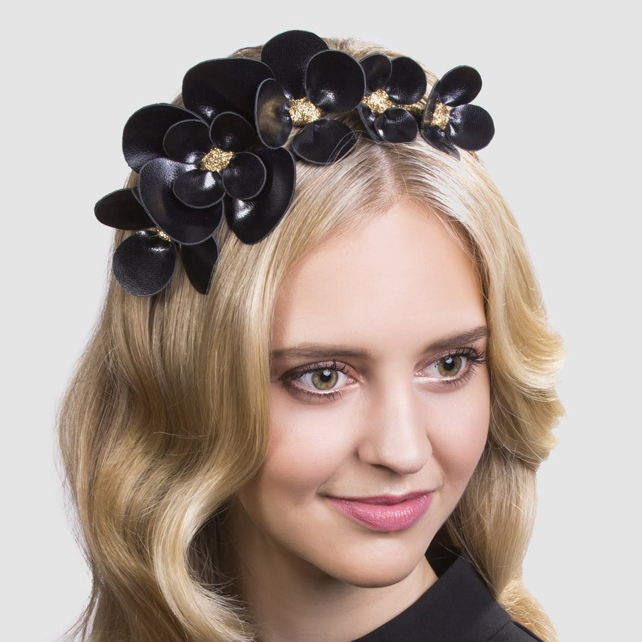 Clover Black Floral Leather - Headband *Made To Order* 4 Weeks