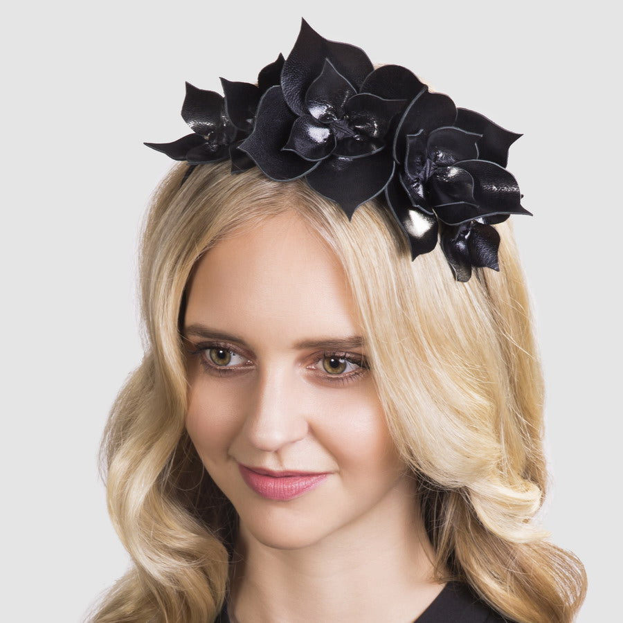 Queen Of Spades All Black Floral leather - Headband *MADE TO ORDER*
